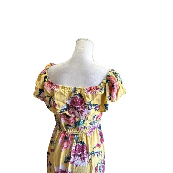 Floral Yellow Off-Shoulder Maxi Dress Ruffled Neckline Button Front Tassel - Picture 6 of 10